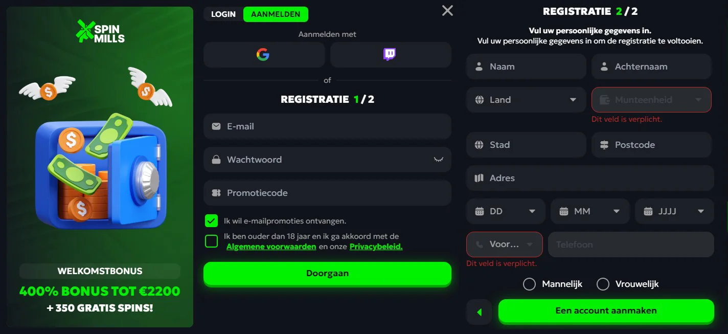 SpinMills Casino Registratie
